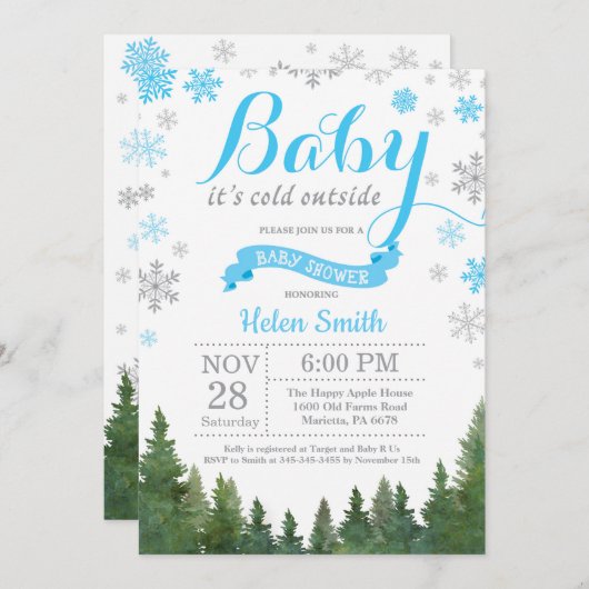ベビーその冷たい外の冬の青い男の子ベビーシャワー 招待状 (正面/裏面)