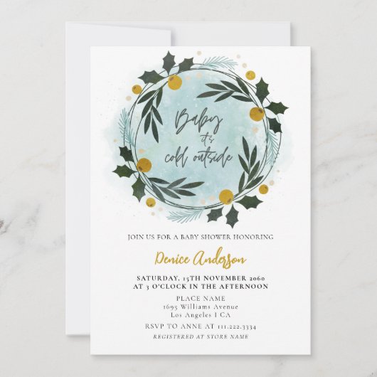 ベビーその冷たい外の冬の青い金ゴールド赤ちゃんシャワー 招待状 (正面)