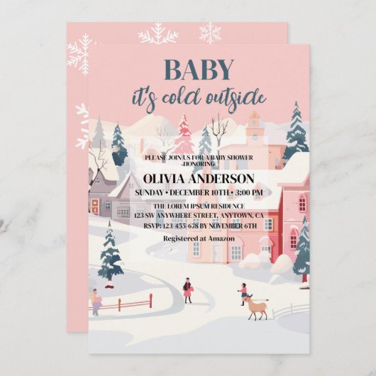 ベビーその冷たい外の女の子の冬の赤ちゃんシャワー 招待状 (正面/裏面)