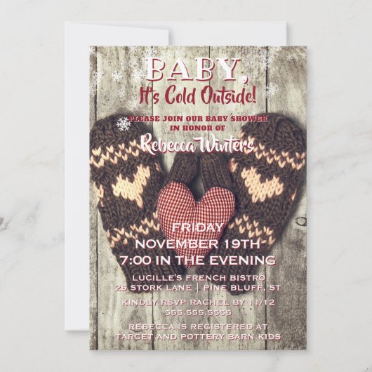 ベビーその冷たい外の木素朴の冬のシャワー 招待状 (正面)