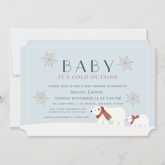 ベビーその冷たい外の極性が青い赤ちゃんシャワーをクマ 招待状 (正面)