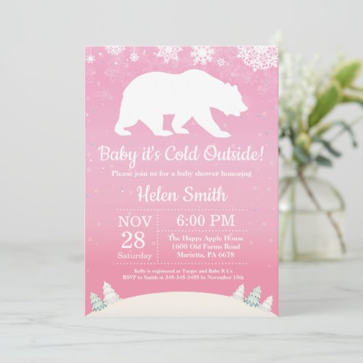 ベビーその冷たい外の極熊の女の子ベビーシャワー 招待状 (スタンド正面)