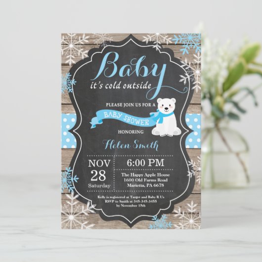 ベビーその冷たい外の極熊の男の子ベイビーシャワー 招待状 (スタンド正面)