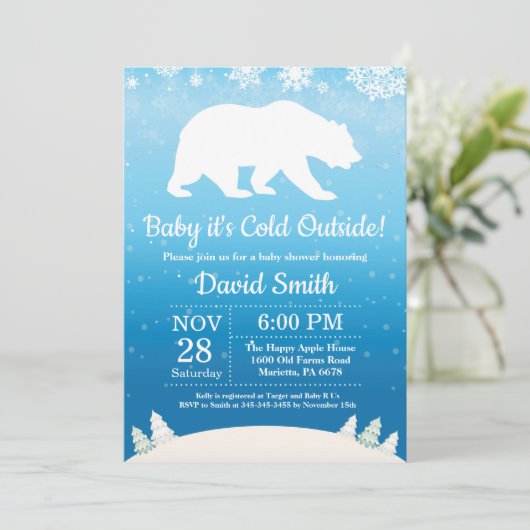 ベビーその冷たい外の極熊の男の子ベイビーシャワー 招待状 (スタンド正面)
