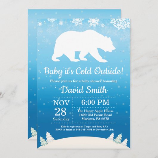 ベビーその冷たい外の極熊の男の子ベイビーシャワー 招待状 (正面/裏面)