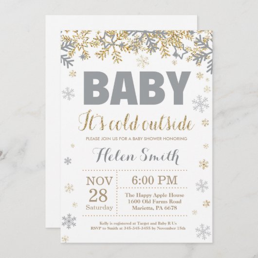 ベビーその冷たい外の金ゴールドと灰色の赤ちゃんシャワー 招待状 (正面/裏面)
