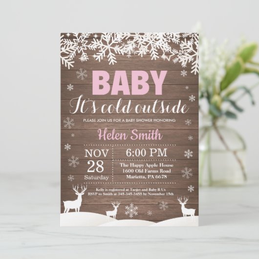 ベビーその冷たい外の鹿の冬の女の子ベビーシャワー 招待状 (スタンド正面)