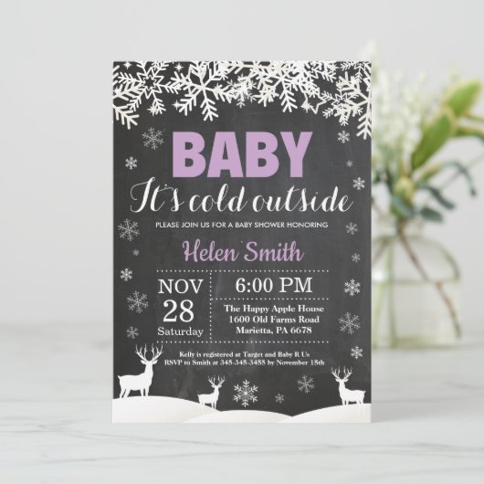 ベビーその冷たい外の鹿の冬の女の子ベビーシャワー 招待状 (スタンド正面)