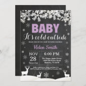 ベビーその冷たい外の鹿の冬の女の子ベビーシャワー 招待状 (正面/裏面)