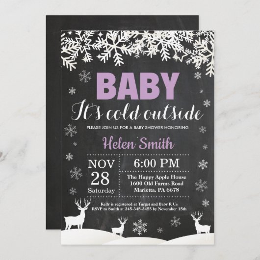 ベビーその冷たい外の鹿の冬の女の子ベビーシャワー 招待状 (正面/裏面)