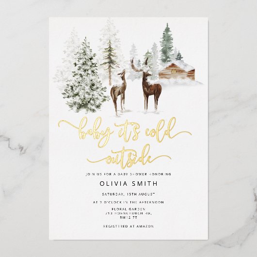 ベビーその冷たい外の鹿の赤ちゃんシャワー招待 箔招待状 (正面)