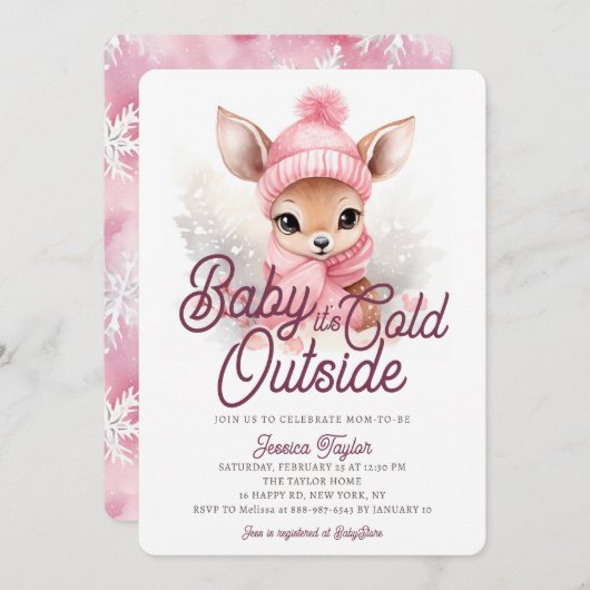 ベビーその冷たい外の鹿ピンク冬の赤ちゃんシャワー 招待状 (正面/裏面)