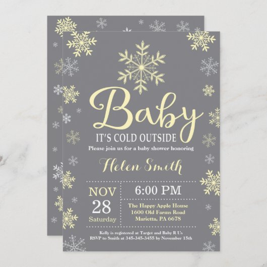 ベビーその冷たい外の黄色の冬の赤ちゃんシャワー 招待状 (正面/裏面)
