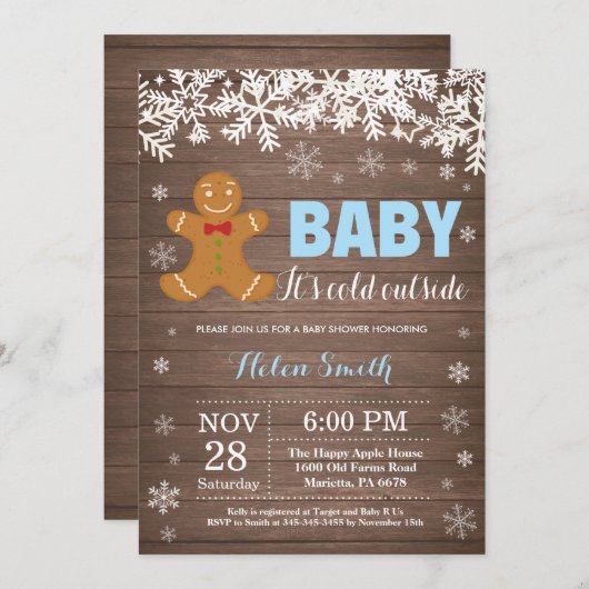 ベビーその冷たい外ジンジャーブレッドマンベビーシャワー 招待状 (正面/裏面)