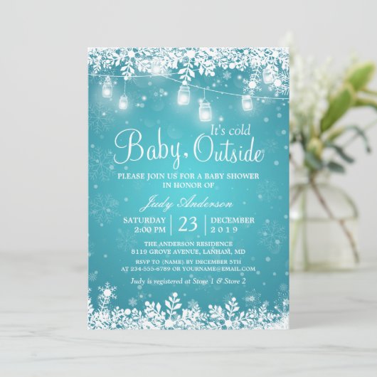 ベビーその冷たい外ターコイズ冬の赤ちゃんシャワー 招待状 (スタンド正面)