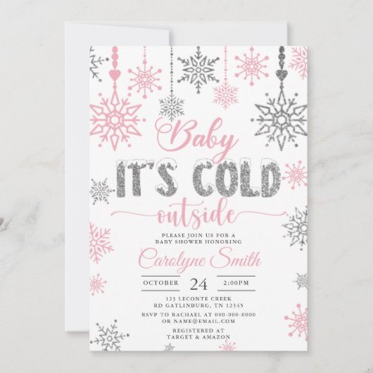 ベビーその冷たい外ピンクの女の子の赤ちゃんシャワー 招待状 (正面)