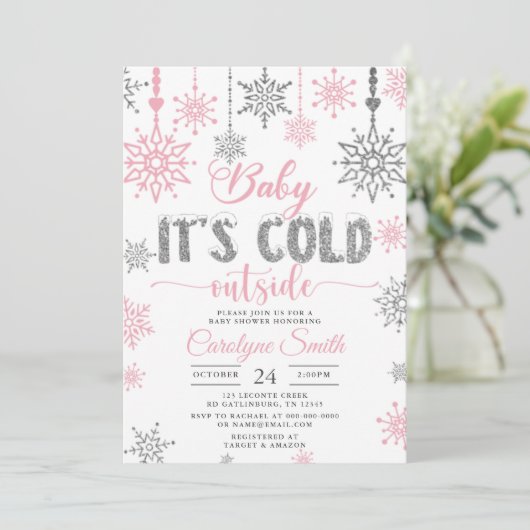 ベビーその冷たい外ピンクの女の子の赤ちゃんシャワー 招待状 (スタンド正面)