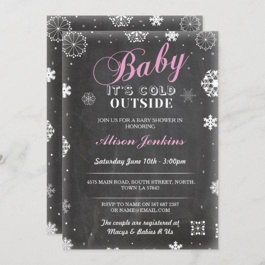 ベビーその冷たい外ピンクの女の子ベビーシャワー招待状 招待状 (正面/裏面)