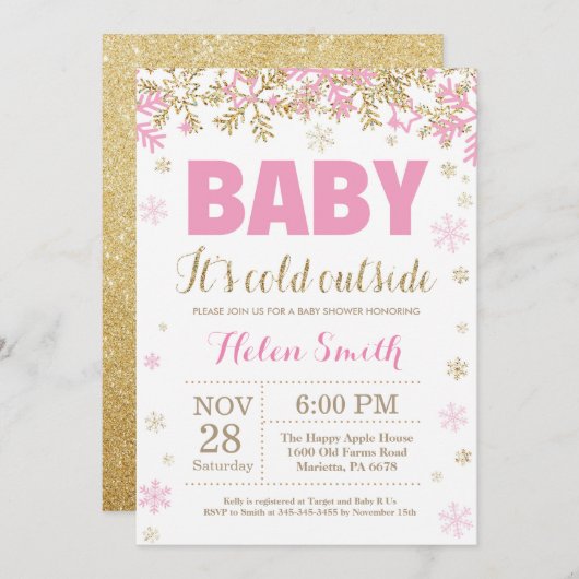 ベビーその冷たい外ピンクの金ゴールド女の子の赤ちゃんシャワー 招待状 (正面/裏面)