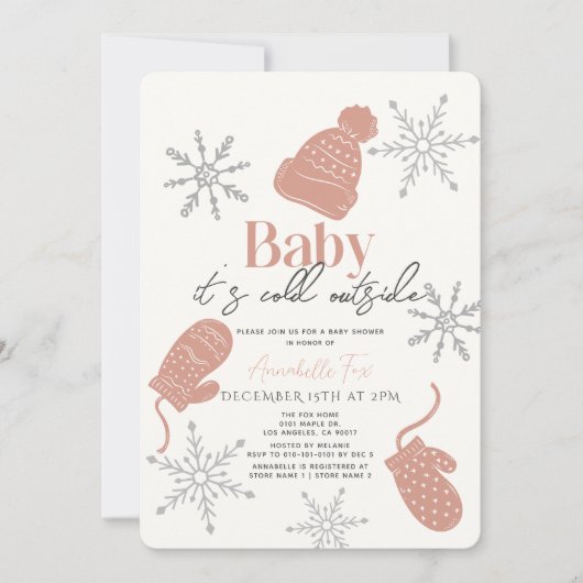 ベビーその冷たい外ピンクビーニー女の子の赤ちゃんシャワー 招待状 (正面)