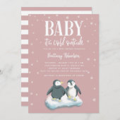 ベビーその冷たい外ピンクペンギン赤ちゃんシャワー 招待状 (正面/裏面)