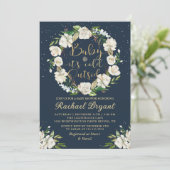 ベビーその冷たい外フローラネイビーブルーベビーシャワー 招待状 (スタンド正面)