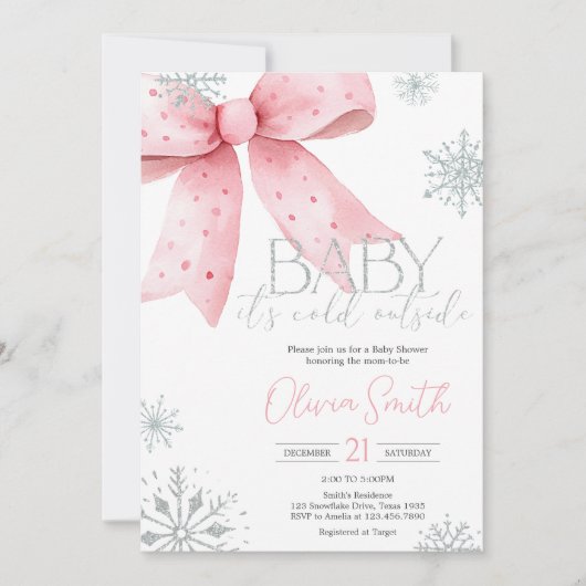 ベビーその冷たい外側ピンクの弓ベビーシャワー 招待状 (正面)
