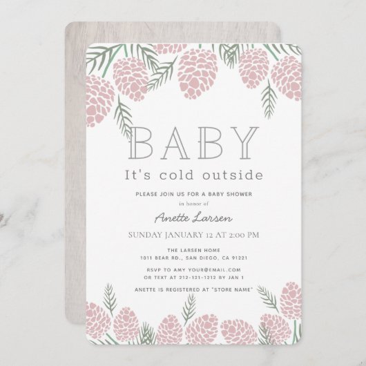 ベビーその冷たい外側ピンクの松コーン赤ちゃんシャワー 招待状 (正面/裏面)
