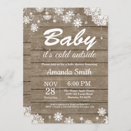 ベビーその冷たい外素朴冬の赤ちゃんシャワー 招待状 (正面/裏面)