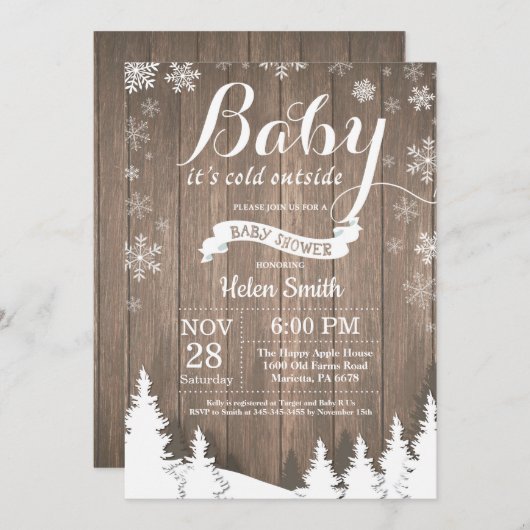 ベビーその冷たい外素朴冬の赤ちゃんシャワー 招待状 (正面/裏面)