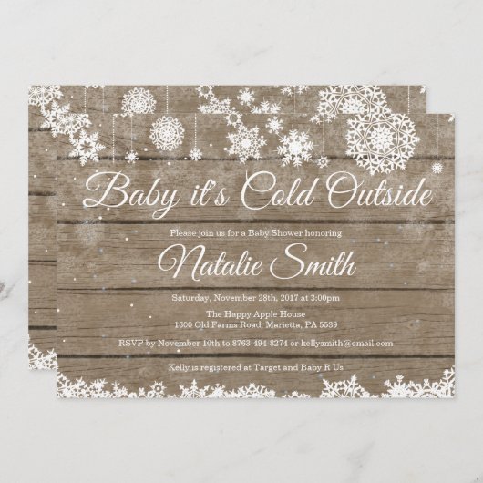 ベビーその冷たい外素朴冬の赤ちゃんシャワー 招待状 (正面/裏面)