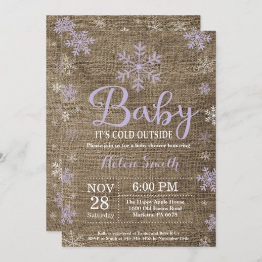 ベビーその冷たい外素朴冬の赤ちゃんシャワー 招待状 (正面/裏面)