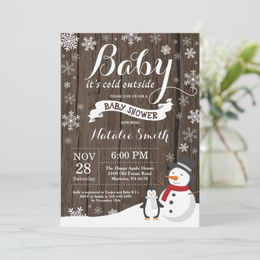 ベビーその冷たい外素朴冬の赤ちゃんシャワー 招待状 (スタンド正面)