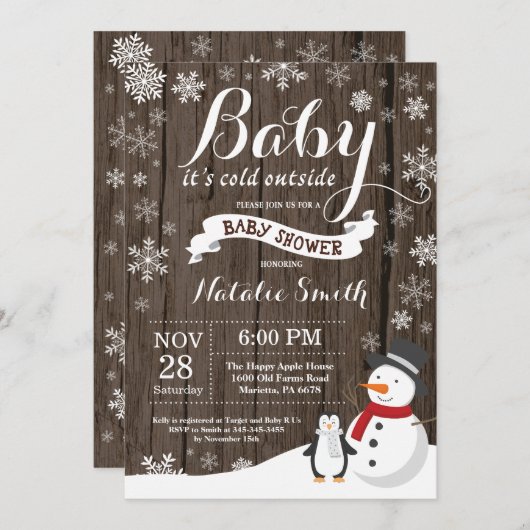 ベビーその冷たい外素朴冬の赤ちゃんシャワー 招待状 (正面/裏面)