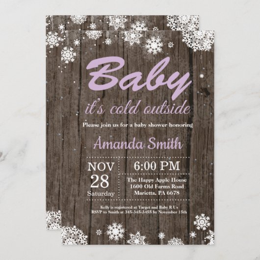 ベビーその冷たい外素朴冬の赤ちゃんシャワー 招待状 (正面/裏面)
