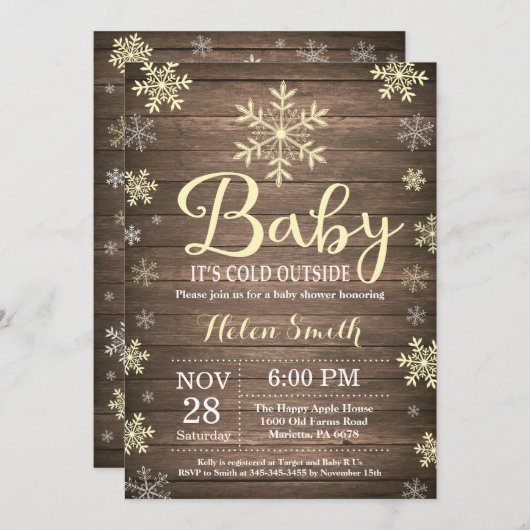 ベビーその冷たい外素朴冬の赤ちゃんシャワー 招待状 (正面/裏面)