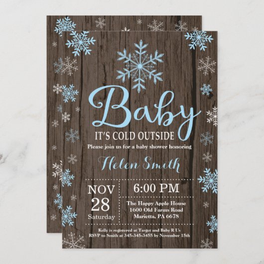ベビーその冷たい外素朴冬の赤ちゃんシャワー 招待状 (正面/裏面)
