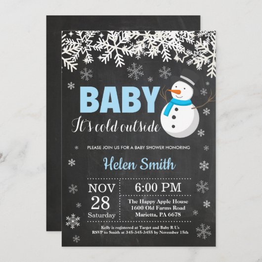 ベビーその冷たい外雪だるま男の子ベイビーシャワー 招待状 (正面/裏面)