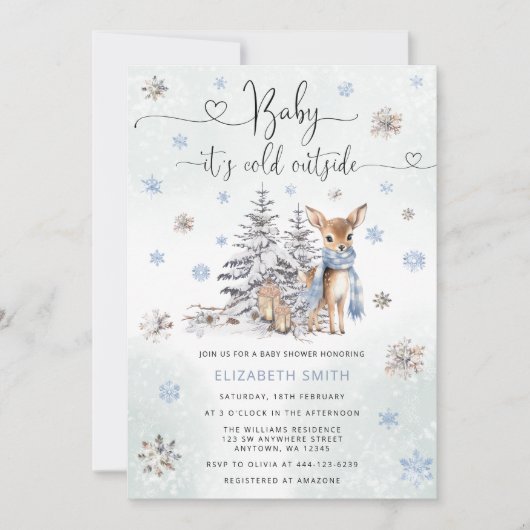ベビーその冷たい外鹿の冬の男の赤ちゃんシャワー 招待状 (正面)
