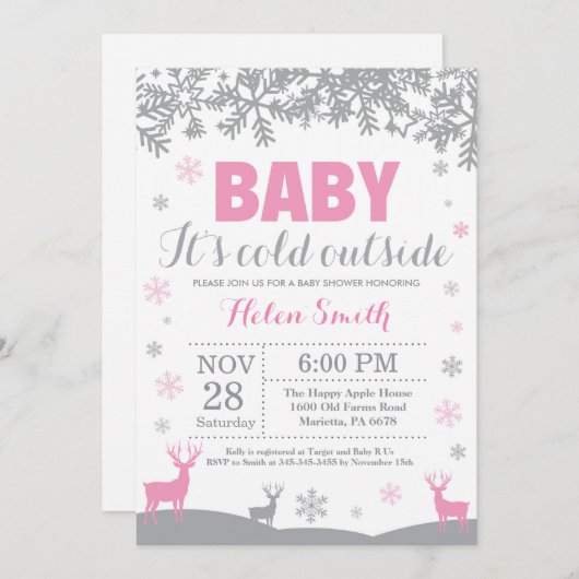 ベビーその冷たい屋外ディアガールベビーシャワー 招待状 (正面/裏面)