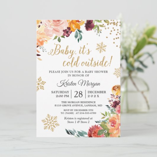 ベビーその冷たい屋外バーガンディフローラベビーシャワー 招待状 (スタンド正面)