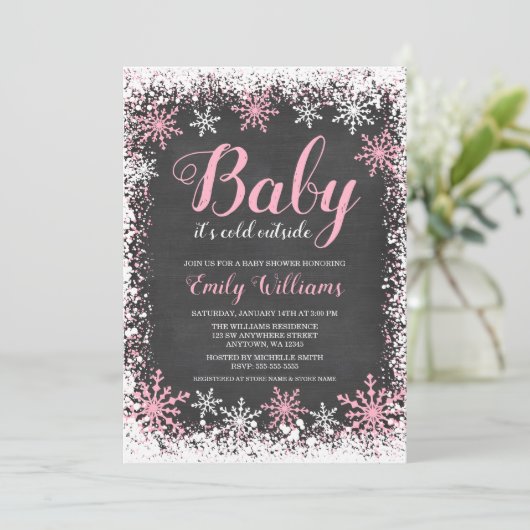 ベビーその冷たい雪の外の冬の女の子の赤ちゃんシャワー 招待状 (スタンド正面)
