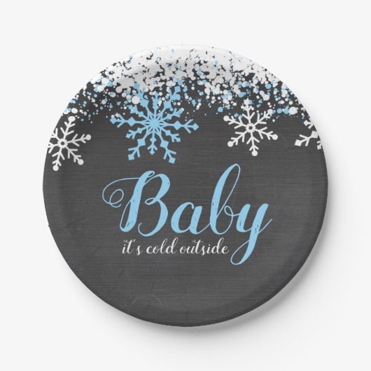 ベビーその冷たい雪の外の冬の少年の赤ちゃんシャワー ペーパープレート (正面)