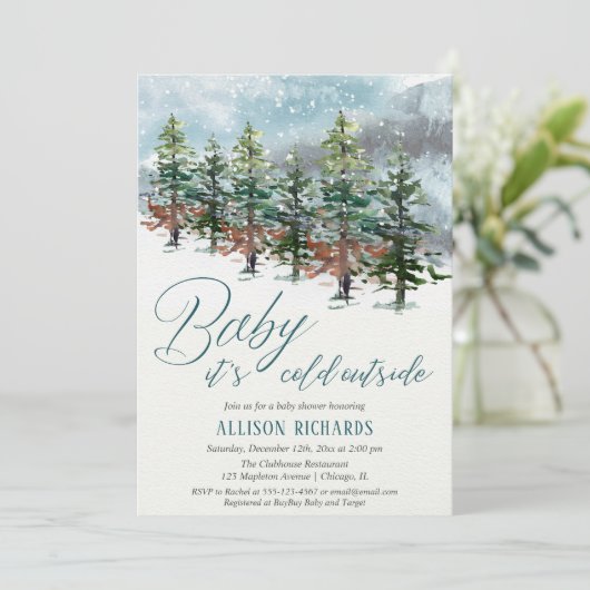 ベビーその冷たい雪の木の外の赤ちゃんシャワー 招待状 (スタンド正面)