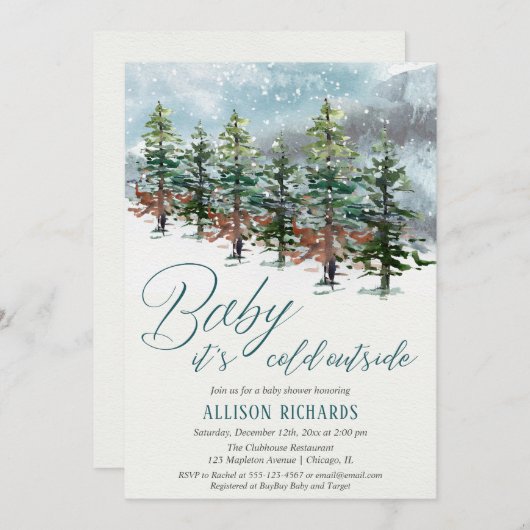ベビーその冷たい雪の木の外の赤ちゃんシャワー 招待状 (正面/裏面)