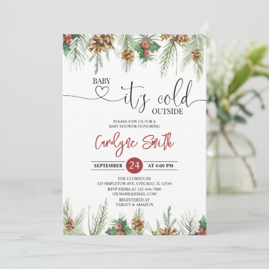 ベビーその寒い冬の外の赤ちゃんシャワーの招待 招待状 (スタンド正面)