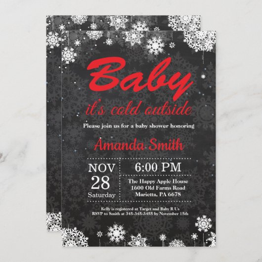 ベビーその寒い外の冬のスノーフレーク赤ちゃんシャワー 招待状 (正面/裏面)