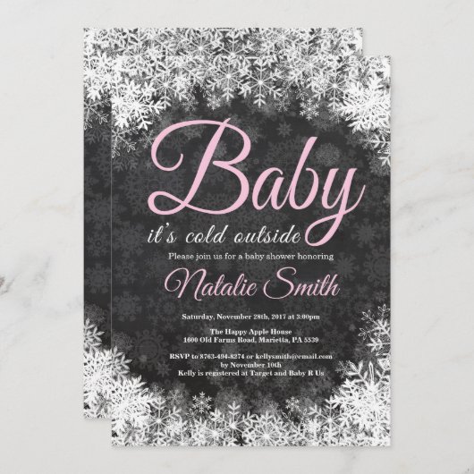 ベビーその寒い外の冬のスノーフレーク赤ちゃんシャワー 招待状 (正面/裏面)