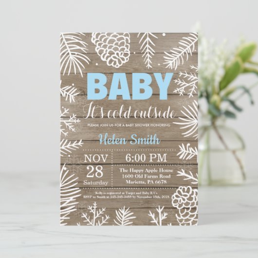 ベビーその寒い外の冬の男の子の赤ちゃんシャワー 招待状 (スタンド正面)