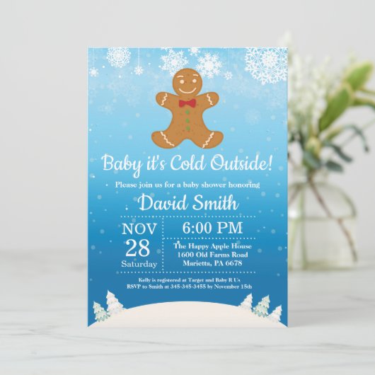 ベビーその寒い外の冬の男の子の赤ちゃんシャワー 招待状 (スタンド正面)